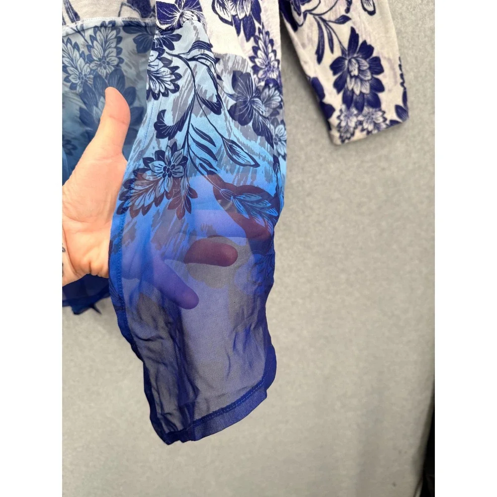 Chico's Cardigan Women Size 3 US XL Blue Floral Ombre Open Front Sheer Hem